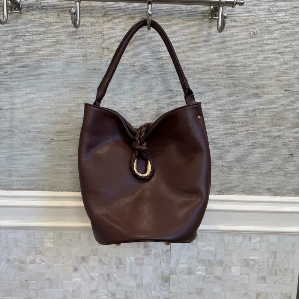New Anthropologie aota twist tie top handle bucket bag crossbody brown gold
